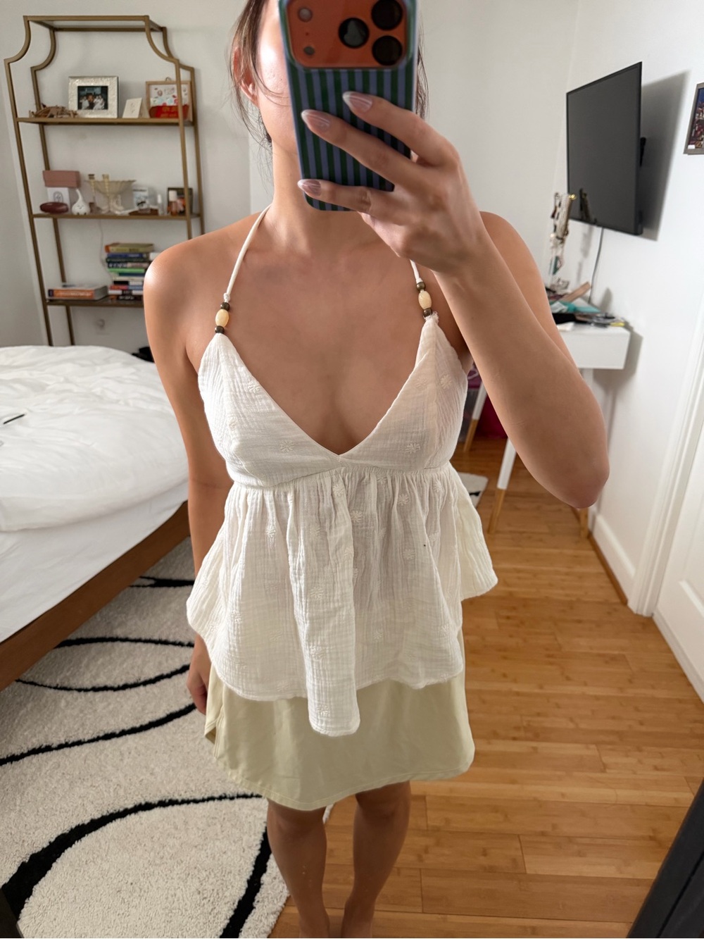 Linen Halter Beaded Babydoll Style tank